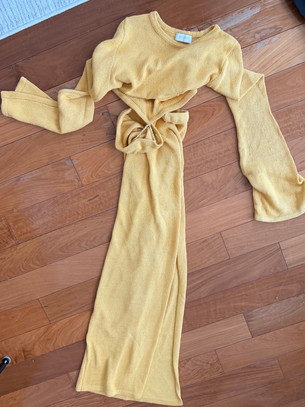 Meshki anna flare sleeve Yellow Knit Long-Sleeve Cutout Maxi Dress